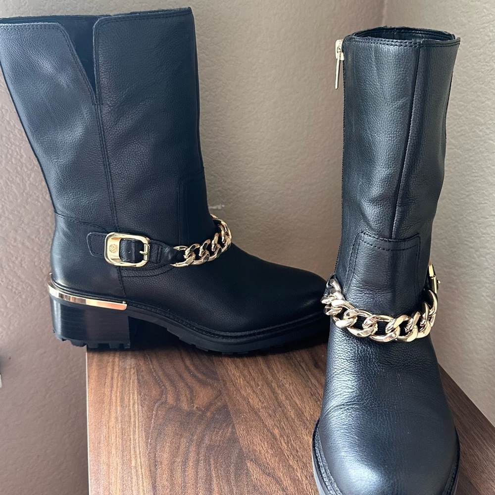 Vince Camuto Black Combat Boots with Gold Chain